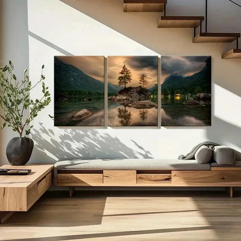3pcs Forest Stones in the Lake & Lightning Wall Art Set Canvas Framed 40x60cm - High Quality Print 100% Australian Made Wall Canvas Ready to Hang