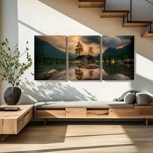 3pcs Forest Stones in the Lake & Lightning Wall Art Set Canvas Framed 40x60cm - High Quality Print 100% Australian Made Wall Canvas Ready to Hang
