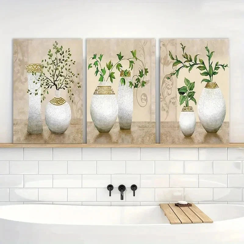 3pcs Floral Vase Designs in White & Golden Metal Print Ready to Hang Art