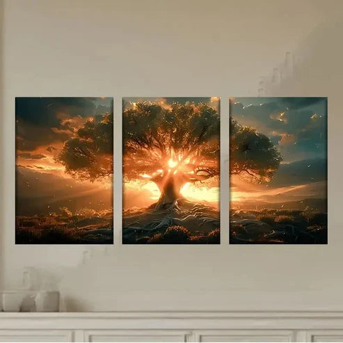 3pcs a tree with the sun shining through it Wall Art Set Canvas Unframed - High Quality Print 100% Australian Made Wall Canvas
