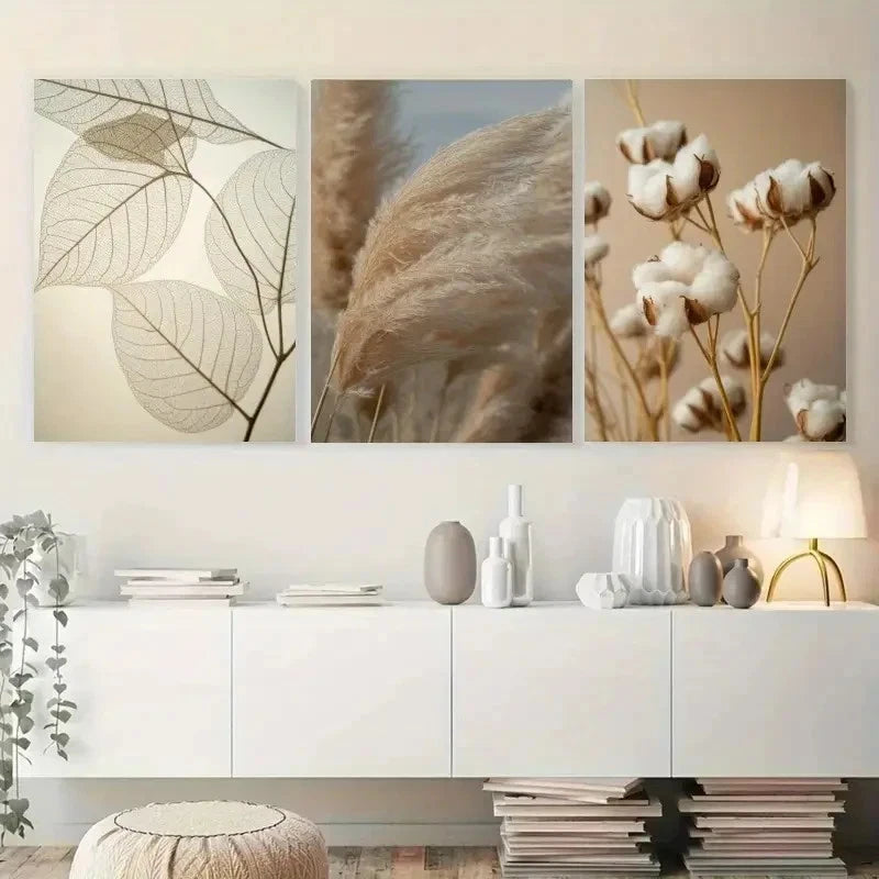 3pcs Dandelion Pampas Grass Reed Leaves Metal Print Ready to Hang Art