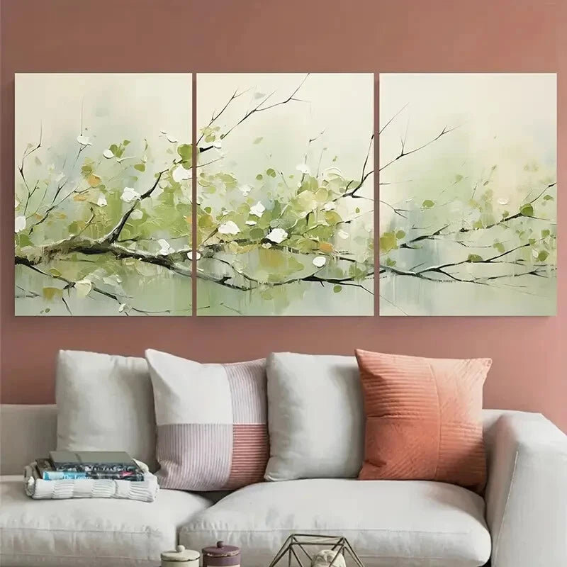 3pcs Spring Tree Branch Soft Tones Illustration Metal Print Ready to Hang Art