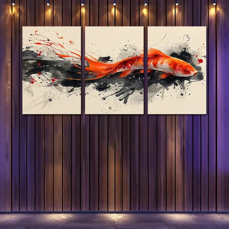 3pcs Koi Fish in Black & Orange Ink Splashes Wall Art Set Canvas Framed 50x70cm - High Quality Print 100% Australian Made Wall Canvas Ready to Hang