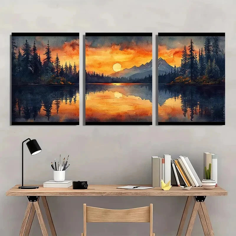 3pcs Trillium Lake Art Print Oregon Watercolor Metal Print Ready to Hang Art