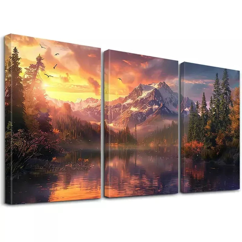 3pcs Sunset Forest Lakes Snowy Mountains Wall Art Set Canvas Framed 50x70cm - High Quality Print 100% Australian Made Wall Canvas Ready to Hang - Bella Home Decor