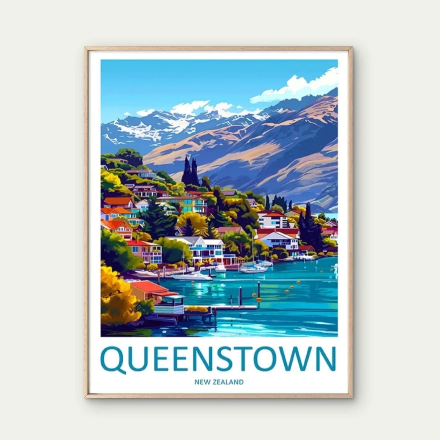 Queenstown New Zealand Vintage Snow-Capped Travel Poster Print Wall Art