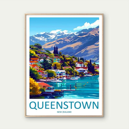 Queenstown New Zealand Vintage Snow-Capped Travel Poster Print Wall Art