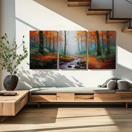 3pcs Autumn Forest Stream Landscape Warm Colors Metal Print Ready to Hang Art