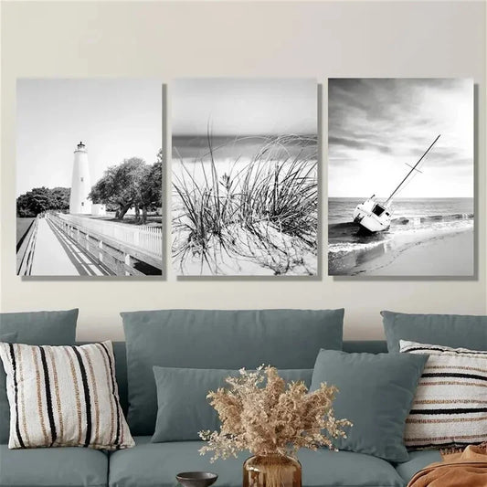 3pcs Nautical Art Black and White Coastal Metal Print Ready to Hang Art