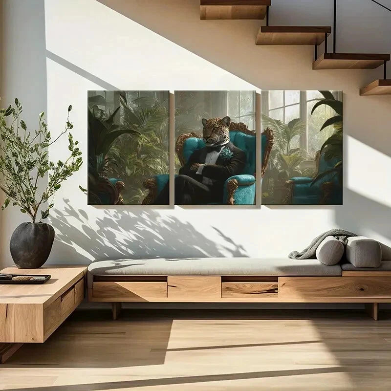 3pcs Luxury Leopard in Tuxedo Elegant Chair Metal Print Ready to Hang Art