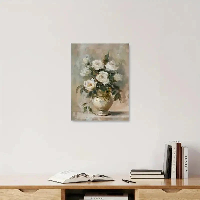 Floral painting on a wall above a wooden shelf with books and an open book.