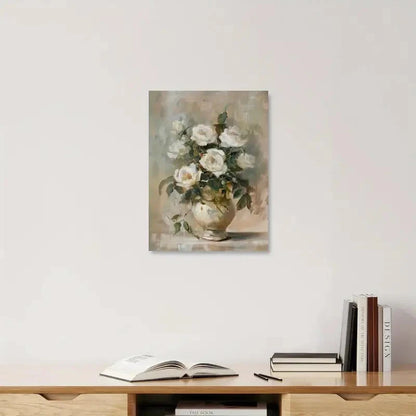 Floral painting on a wall above a wooden shelf with books and an open book.