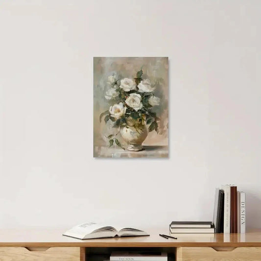 Floral painting on a wall above a wooden shelf with books and an open book.