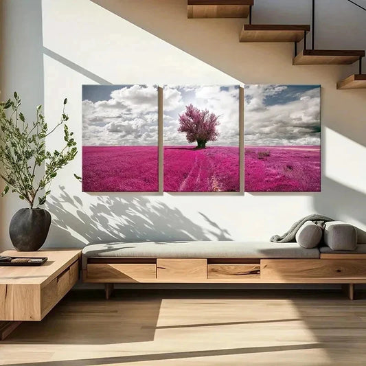3pcs Pink Flower Field and Tree Decor Wall Art Set Canvas Framed 40x60cm - High Quality Print 100% Australian Made Wall Canvas Ready to Hang