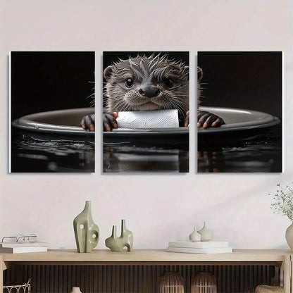 3pcs Charming Otter with Toilet Paper Black White Metal Print Ready to Hang Art