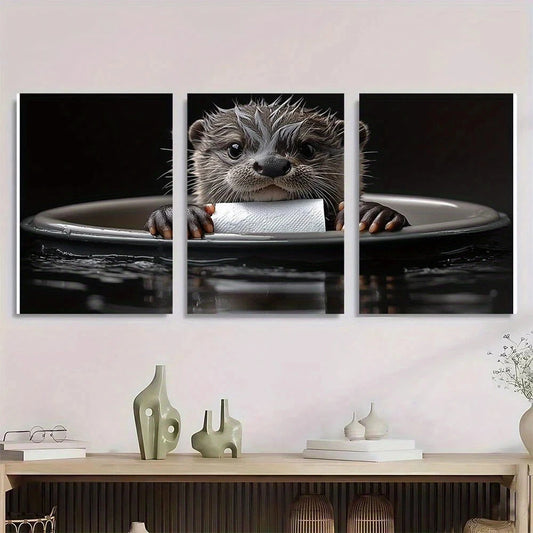 3pcs Charming Otter with Toilet Paper Black White Metal Print Ready to Hang Art
