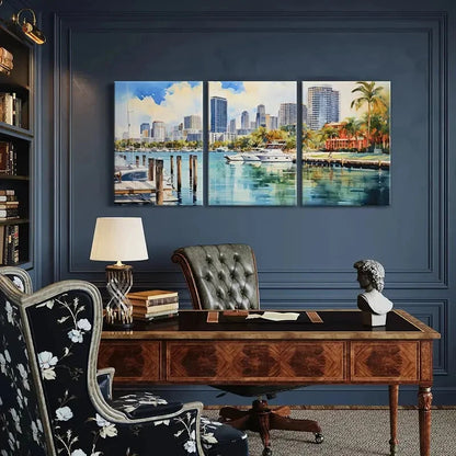 3pcs Vibrant Cityscape Marina Art with Yachts Metal Print Ready to Hang Art