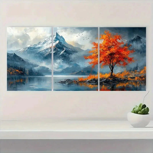 3pcs Mountain Landscape Textured Oil Painting Metal Print Ready to Hang Art