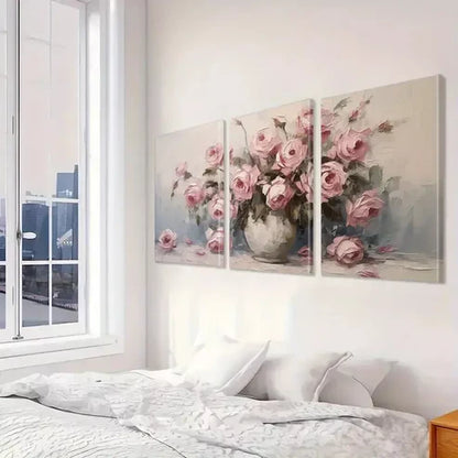 3pcs Pink Roses Floral Vase Abstract Canvas Framed 60X90cm - High Quality Print 100% Australian Made Wall Canvas Ready to Hang