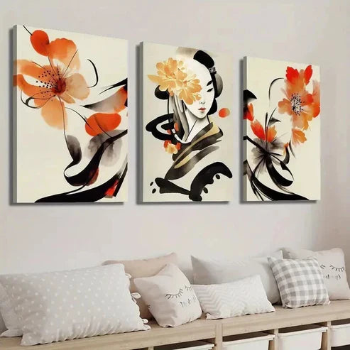 3pcs Ancient Style Woman and Flowers Wall Art Set Canvas Unframed - High Quality Print 100% Australian Made Wall Canvas
