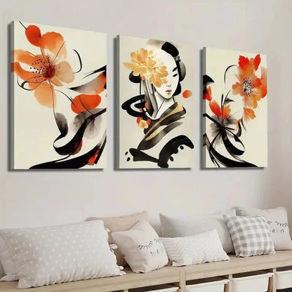 3pcs Ancient Style Woman and Flowers Wall Art Set Canvas Unframed - High Quality Print 100% Australian Made Wall Canvas