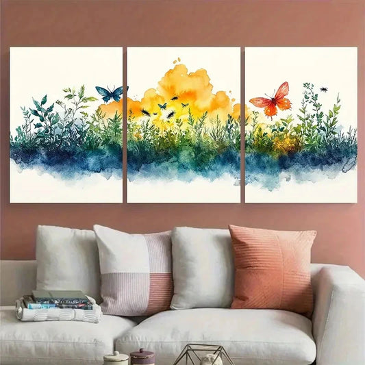 3pcs Watercolour Eco System Insects Emerging Wall Art Set Canvas Framed 60x90cm - High Quality Print 100% Australian Made Wall Canvas Ready to Hang