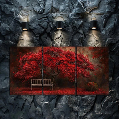 3pcs Red Maple Tree in Full Bloom Metal Print Ready to Hang Art