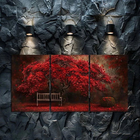 3pcs Red Maple Tree in Full Bloom Metal Print Ready to Hang Art