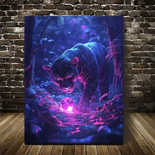 Beautiful Panther Playing with Glowing Ball Painting 40x60cm Metal Print Ready to Hang
