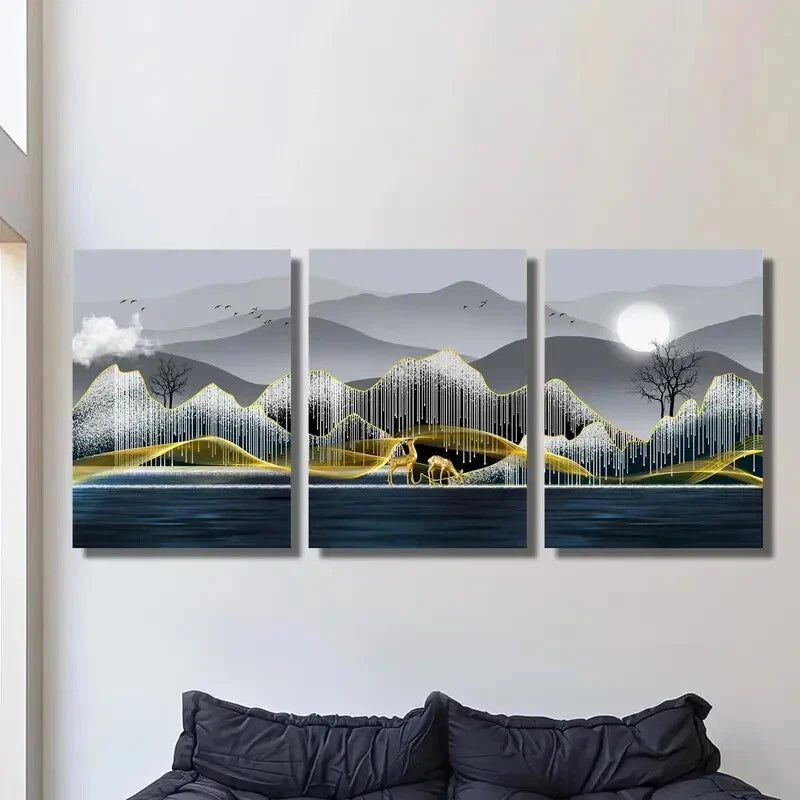 3pcs Elk, Trees, Mountains, River, Full Moon Metal Print Ready to Hang Art