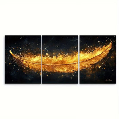 3pcs Abstract Golden Feather Glittery Metal Print Ready to Hang Art