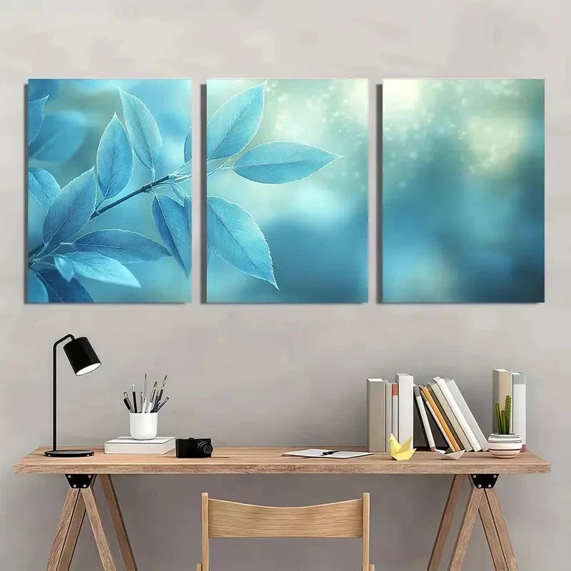 3pcs Blue White & Green Leaf Design Wall Art Set Canvas Framed 60x90cm - High Quality Print 100% Australian Made Wall Canvas Ready to Hang