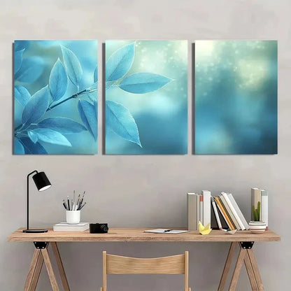3pcs Blue White & Green Leaf Design Wall Art Set Canvas Framed 60x90cm - High Quality Print 100% Australian Made Wall Canvas Ready to Hang