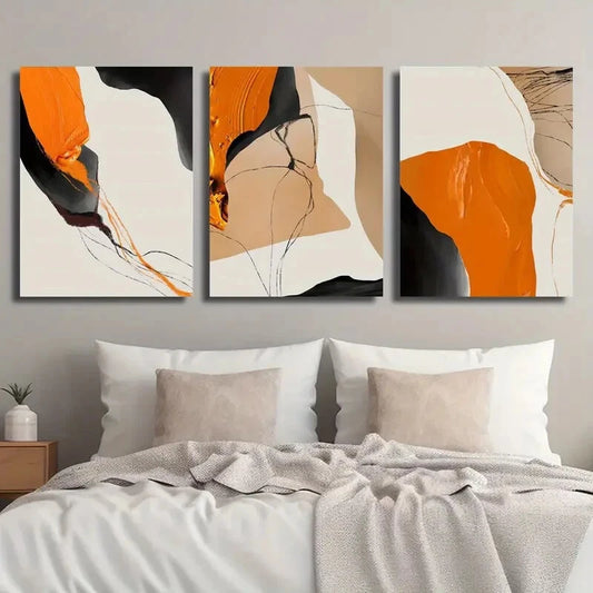 3pcs Orange Black & White Brushstroke Perfect Wall Art Set Canvas Framed 40x60cm - High Quality Print 100% Australian Made Wall Canvas Ready to Hang