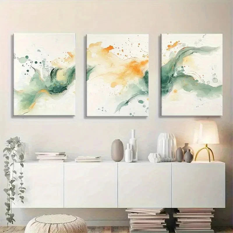 3pcs Watercolor Abstract Green and Orange Flowing Metal Print Ready to Hang Art
