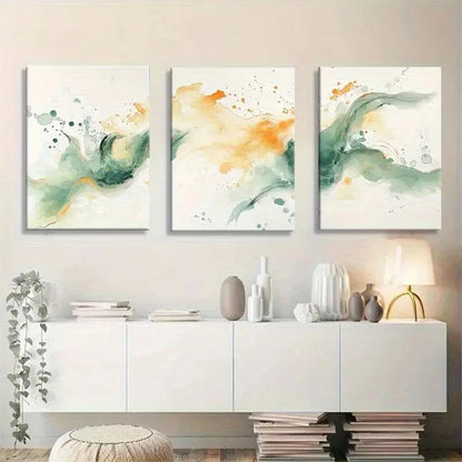 3pcs Watercolor Abstract Green and Orange Flowing Metal Print Ready to Hang Art