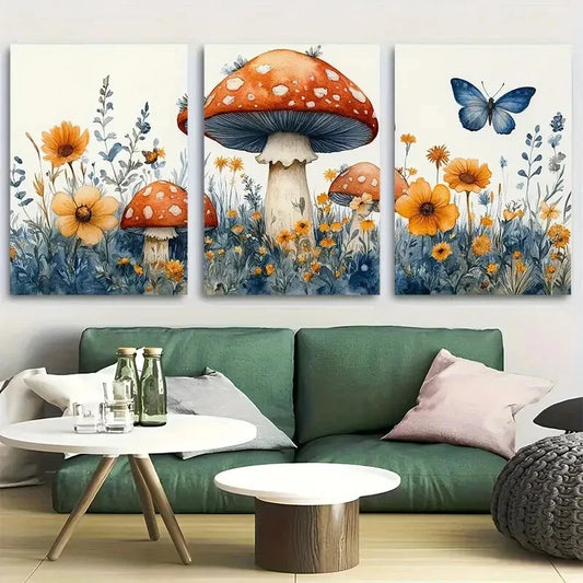 3pcs Floral Mushrooms Butterfly Nursery Design Metal Print Ready to Hang Art