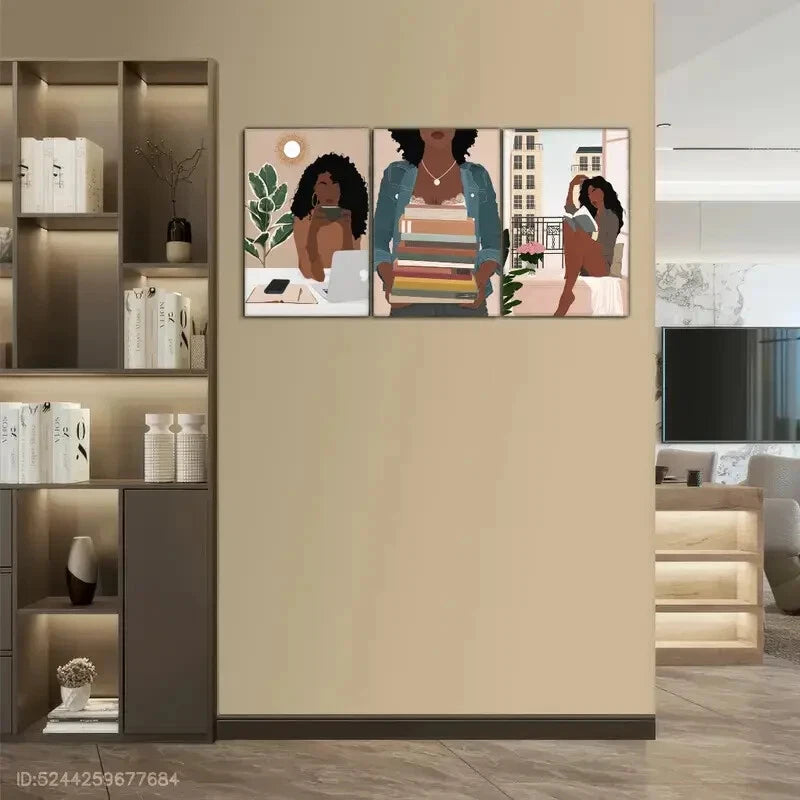 3pcs Black Girl Art Book Art Poster Reading Girl Metal Print Ready to Hang Art