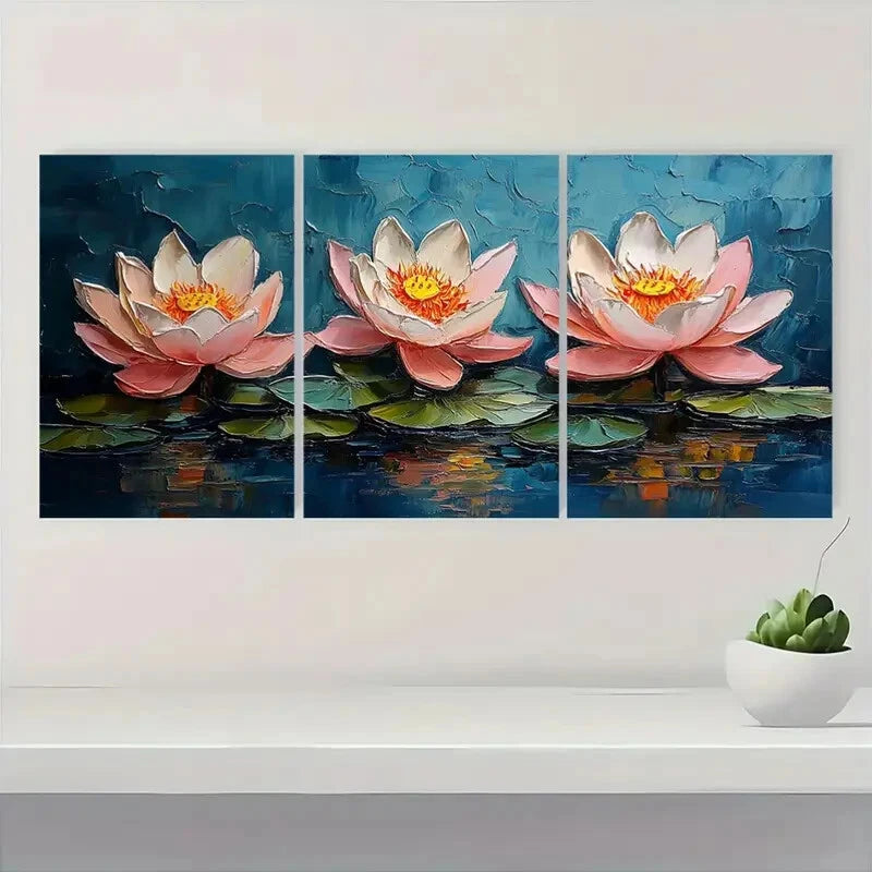 3pcs Vibrant Pink & White Flowers Oil Painting Metal Print Ready to Hang Art