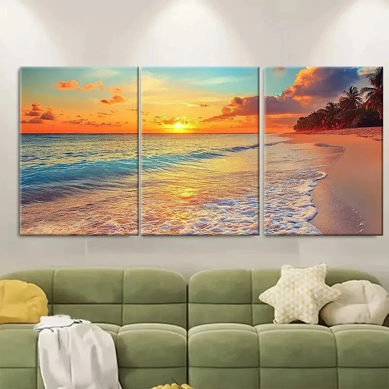 3pcs Tropical Beach Serene Sunset Metal Print Ready to Hang Art