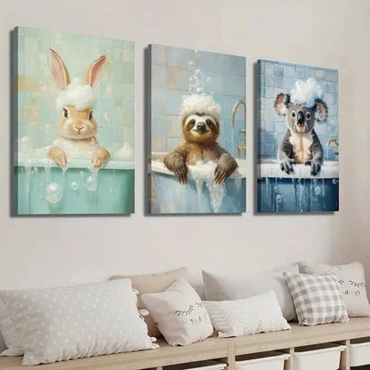 3pcs Cute Bunny Sloth Raccoon in Bathtub Wall Art Set Canvas Unframed - High Quality Print 100% Australian Made Wall Canvas
