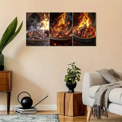 3pcs Vintage-Inspired with Warm Fire & Meat Scene Metal Print Ready to Hang Art