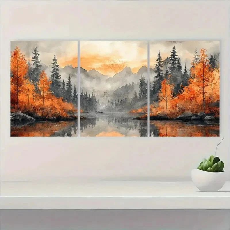 3pcs Rainy Day Landscape with Mountains Metal Print Ready to Hang Art
