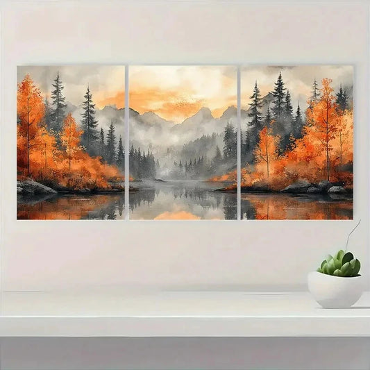 3pcs Rainy Day Landscape with Mountains Metal Print Ready to Hang Art