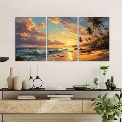 3pcs Tropical Beach Sunset with Palm Trees Metal Print Ready to Hang Art