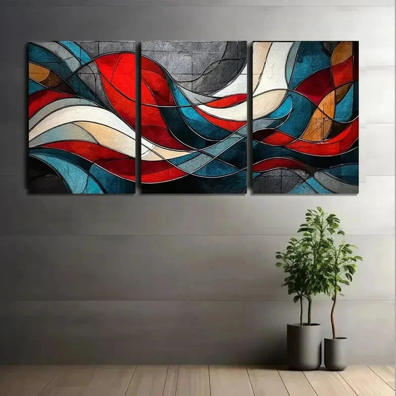 3pcs Abstract Red White and Blue Flowing Shapes Metal Print Ready to Hang Art