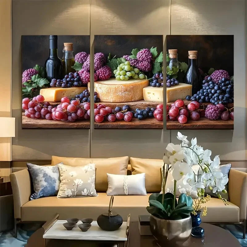 3pcs Cheese & Grape Still Life Metal Print Ready to Hang Art