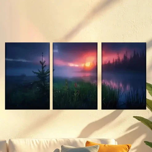 3pcs Sunset with Pine Trees & Misty Mountains Wall Art Set Canvas Unframed – High Quality Print 100% Australian Made Wall Canvas