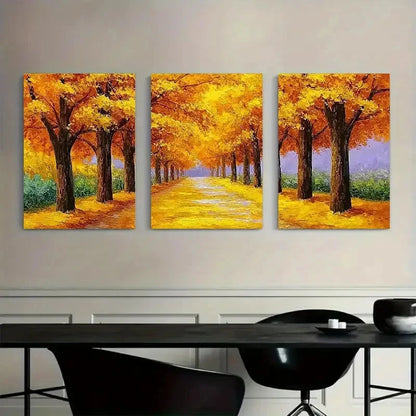 3pcs Landscape Painting with Golden Trees Metal Print Ready to Hang Art