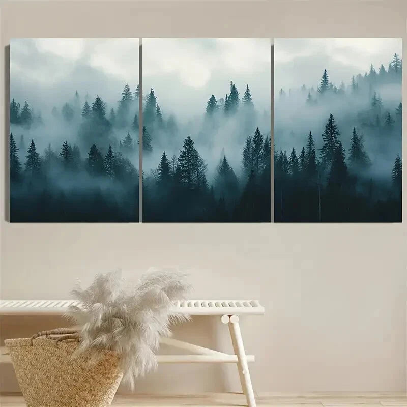 3pcs Misty Mountain Serenity Forest Elegant Metal Print Ready to Hang Art